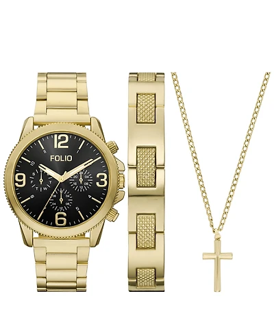 Folio Men's Quartz Three-Hand Gold Alloy Watch Set, 43mm