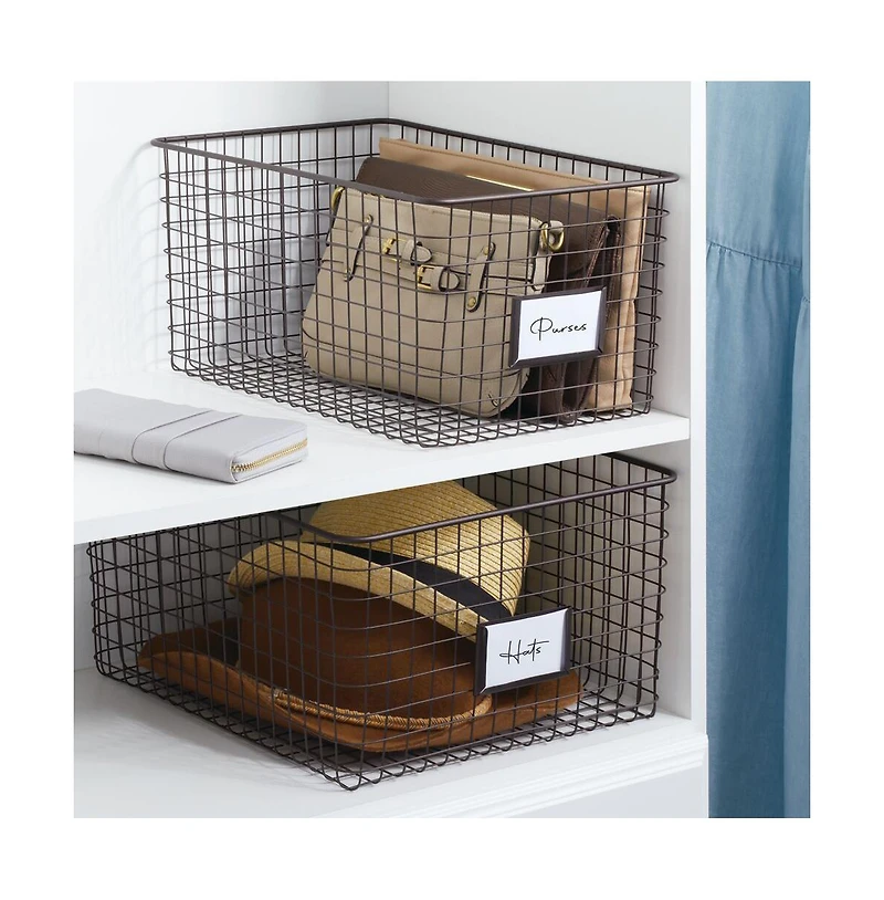 mDesign Bedroom Closet Storage Organizer Basket with Label Slot, 2 Pack, Bronze