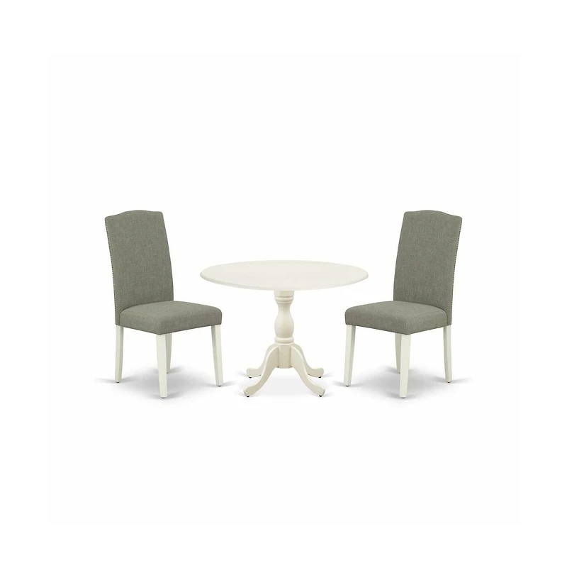 East West Furniture 3 Piece Dinette Sets Contains 1 Drop Leaves Wooden Table and 2 Dark Shitake Linen Fabric Parsons Chair High Back with Nail Heads