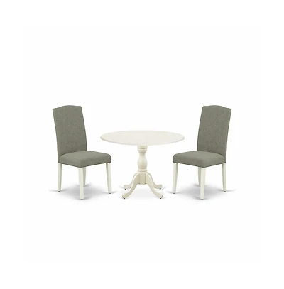 East West Furniture 3 Piece Dinette Sets Contains 1 Drop Leaves Wooden Table and 2 Dark Shitake Linen Fabric Parsons Chair High Back with Nail Heads
