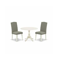 East West Furniture 3 Piece Dinette Sets Contains 1 Drop Leaves Wooden Table and 2 Dark Shitake Linen Fabric Parsons Chair High Back with Nail Heads