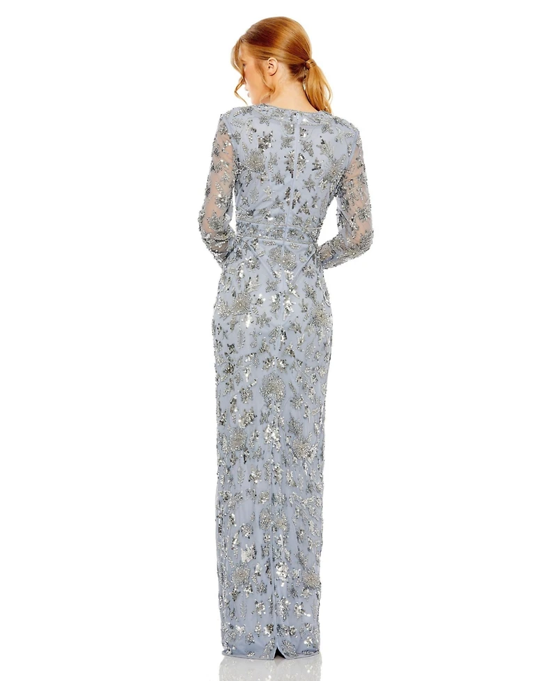 Mac Duggal Women's High Neck Long Sleeve Embellished Column Gown