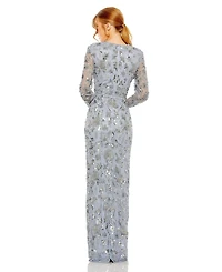 Mac Duggal Women's High Neck Long Sleeve Embellished Column Gown