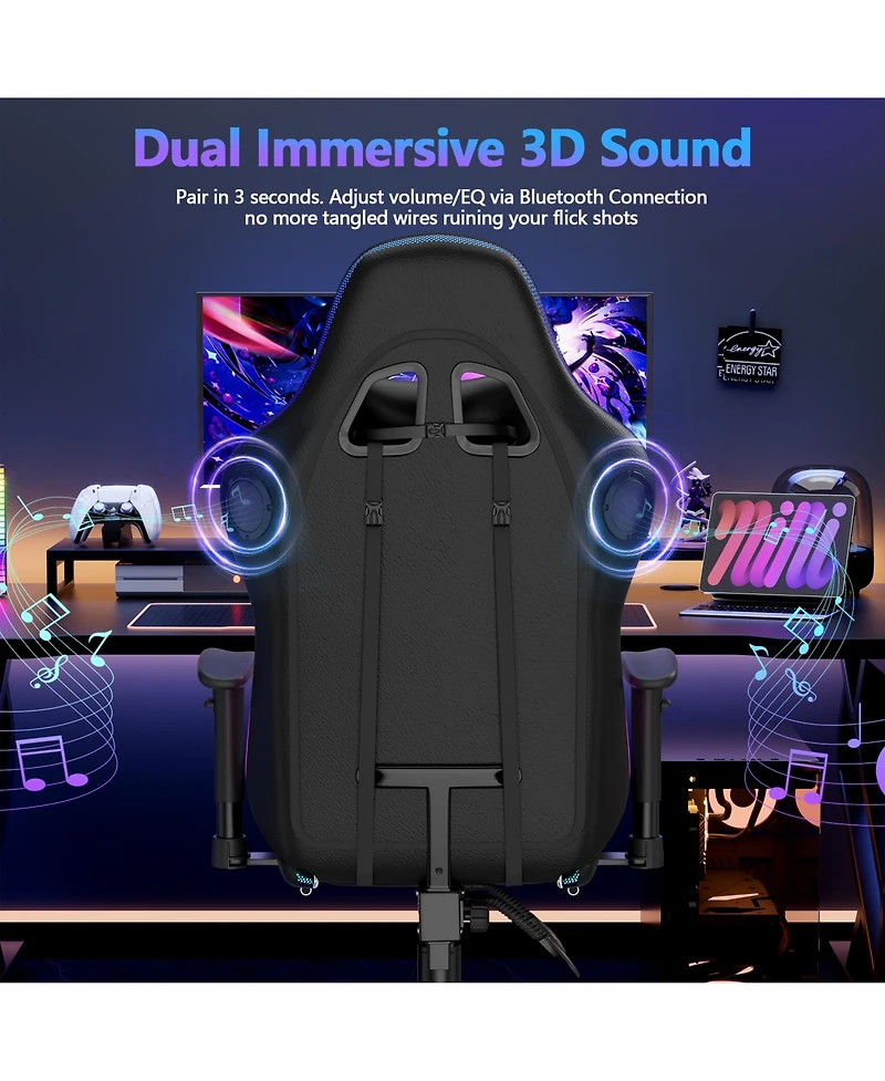 Mr Ironstone Gaming Chair with Speakers and Led Lights Ergonomic Massage Computer Gaming Chair with Broaden Cusion and Footrest High Back Video Game C