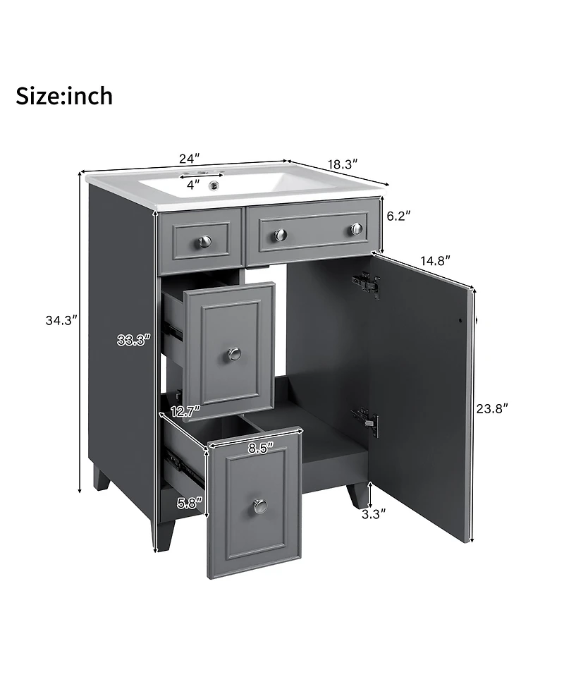 Casainc 24" Bathroom Vanity Cabinet with Ceramic Sink, 2 Drawers and 1 Soft-Close Door