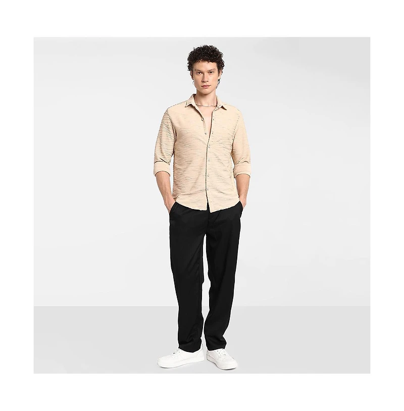 Campus Sutra Men's Saltbox Beige Self-Design Wave Shirt