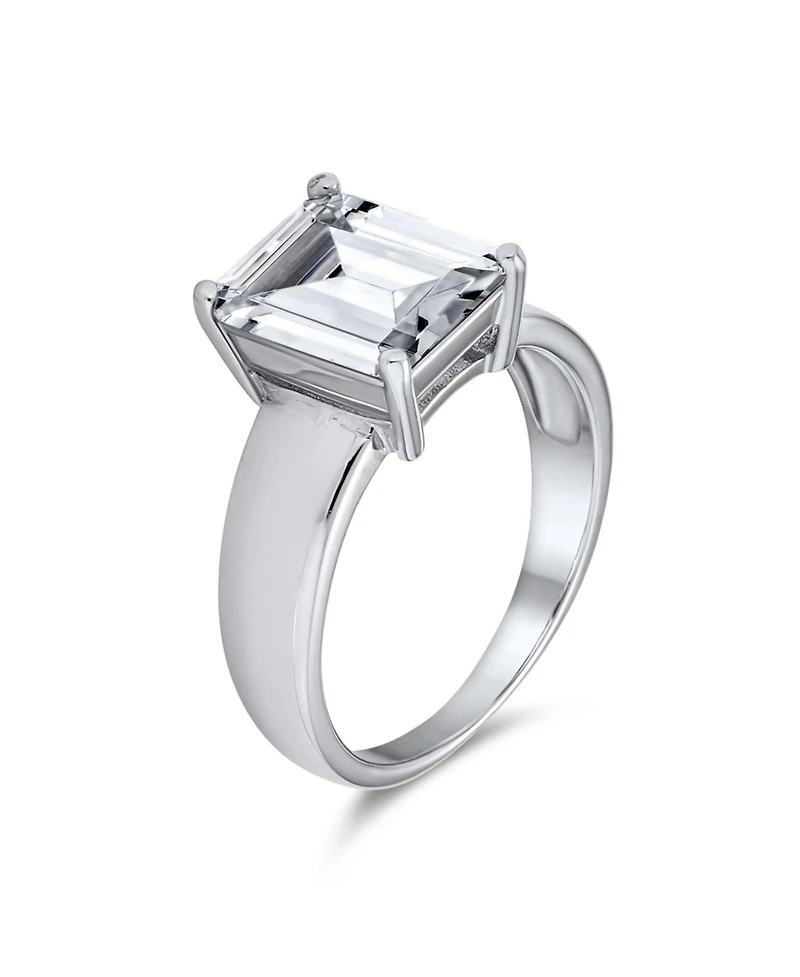 Bling Jewelry Modern Classic 3CT Cz Solitaire Rectangle Radiant Emerald Cut Promise Ring Sterling Silver Plain Wide Band
