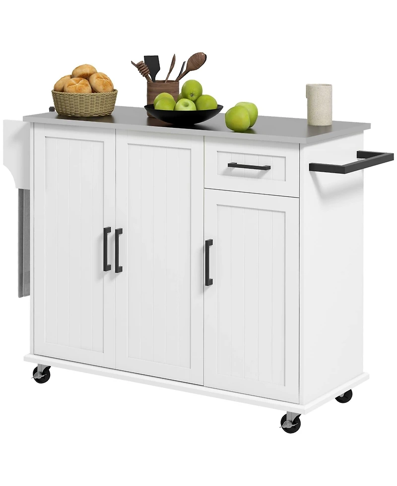 Halifax North America White Rolling Kitchen Island: Stainless Top, 3 Cabinets