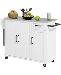 Halifax North America White Rolling Kitchen Island: Stainless Top, 3 Cabinets