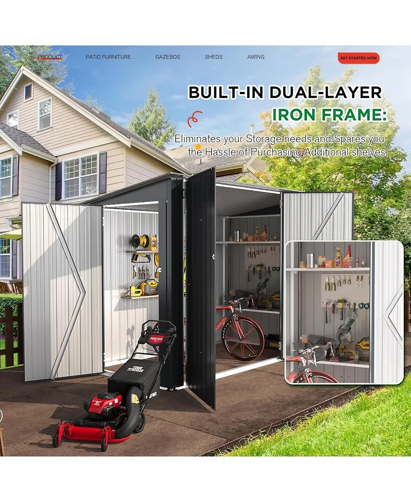 Aecojoy 7.5'x4' Outdoor Horizontal Bike Storage Shed with Triple Lockable Door