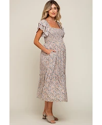 Cream Floral Flutter Maternity Midi Dress