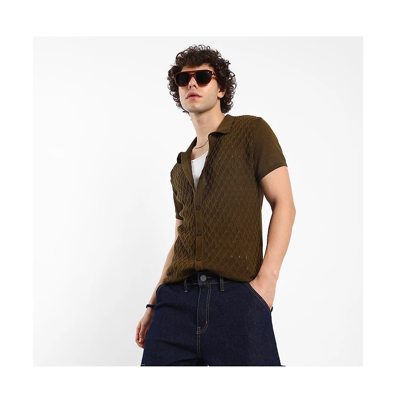 Campus Sutra Men's Mocha Brown Harlequin-Textured Knit Shirt