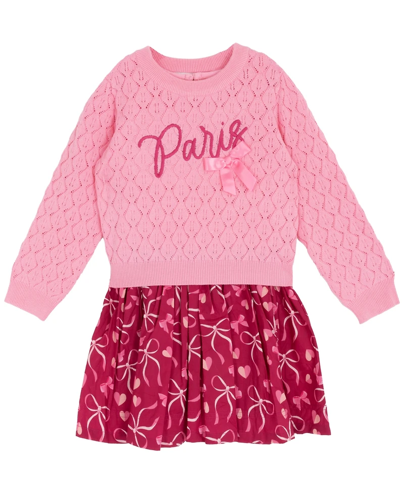 Rare Editions Little Girls Hearts & Bows Skort Dress with Pop-Over "Paris" Sweater, 2 pc
