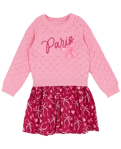 Rare Editions Little Girls Hearts & Bows Skort Dress with Pop-Over "Paris" Sweater, 2 pc