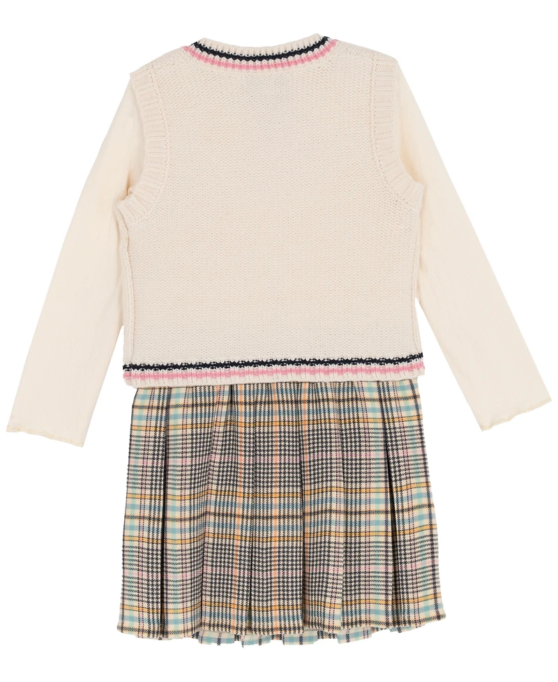 Rare Editions Little Girls' Plaid Skort Dress with Cable Knit Vest, 2 pc