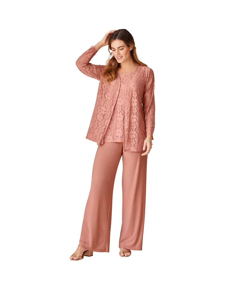 Woman Within Women's Plus 3-Piece Lace Jacket/Tank/Pant Set