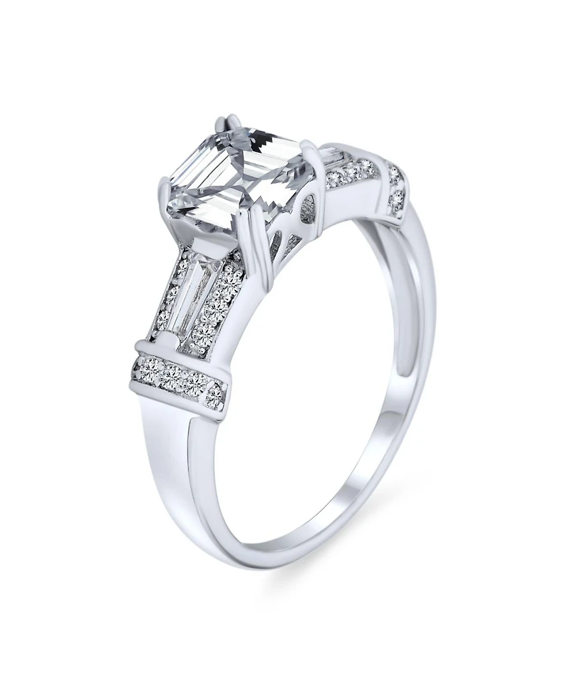 Bling Jewelry Art Deco Inspired 2CT Cubic Zirconia Square Asscher Cut Promise Ring Cz Baguettes Side Stone Sterling Silver