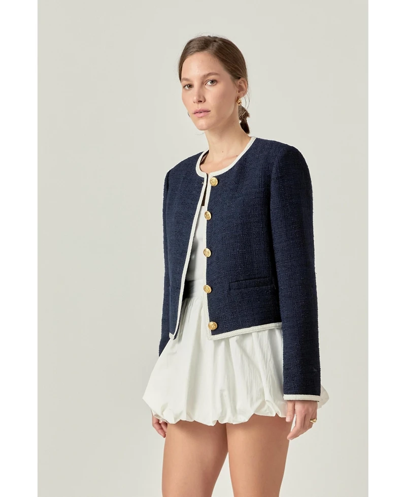 English Factory Women's Collarless Tweed Jacket