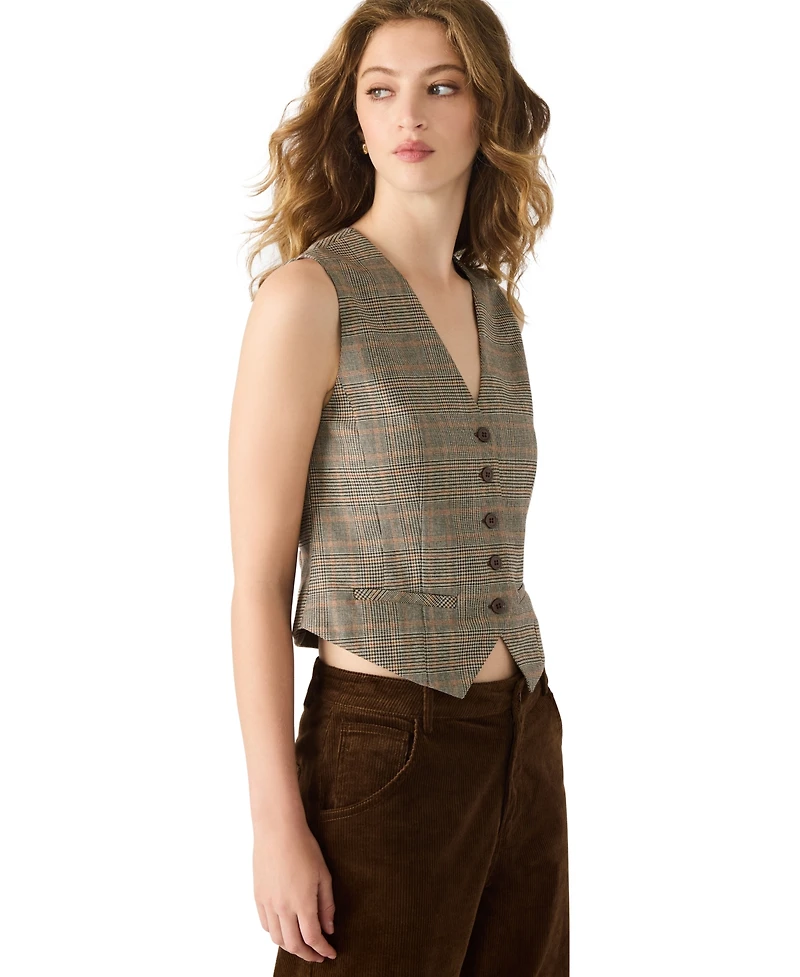Steve Madden Women's Plaid Detail Barrett V-Neck Top