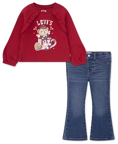 Levi's Toddler Girls 2-Piece Ruched Crewneck Sweatshirt and Flared Jeans Set