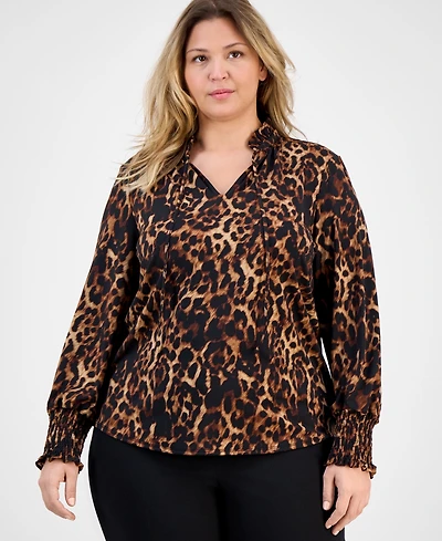 Anne Klein Plus Printed-Chiffon Smocked-Cuff Blouse