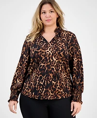Anne Klein Plus Printed-Chiffon Smocked-Cuff Blouse