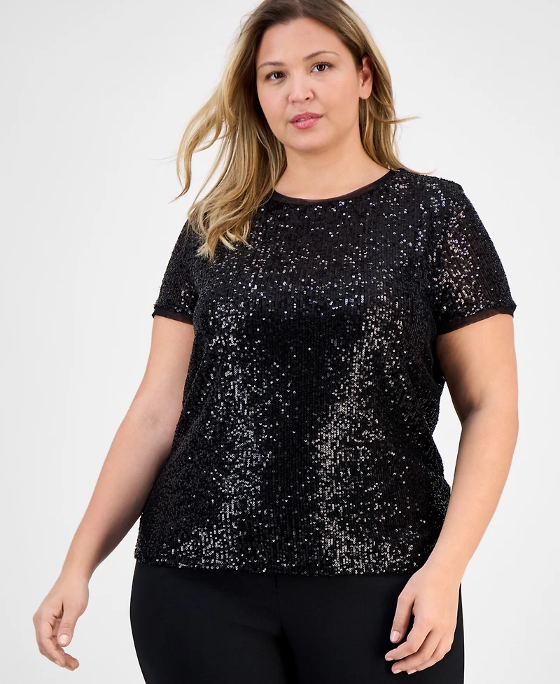 Anne Klein Plus Sequin Short-Sleeve Crewneck Tee