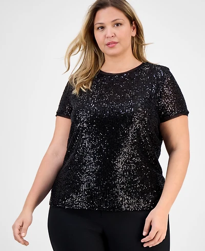 Anne Klein Plus Sequin Short-Sleeve Crewneck Tee