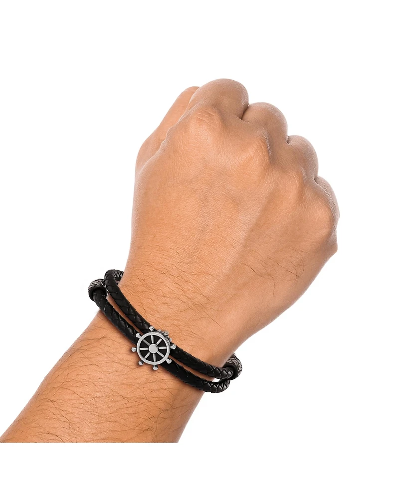 Lucky Brand Mens Nautical Wheel Black Braided Leather Bracelet