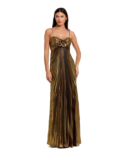 Mac Duggal Women's Thin Strap Pleated Metallic Gown With 3D Flower