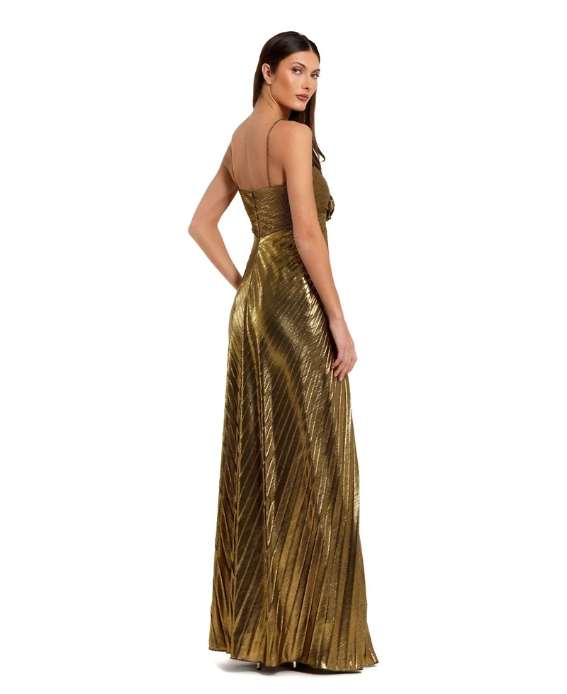 Mac Duggal Women's Thin Strap Pleated Metallic Gown With 3D Flower