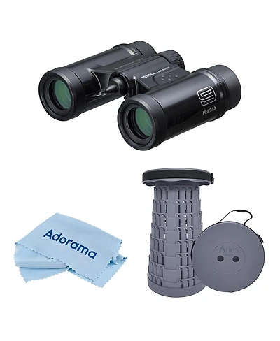 Pentax 9x21 Ud Weather Resistant Roof Prism Binocular, 6 Degree Angle of View, Black, Bundle with Portable Telescoping Stool/Chair, Cleaning Cloth
