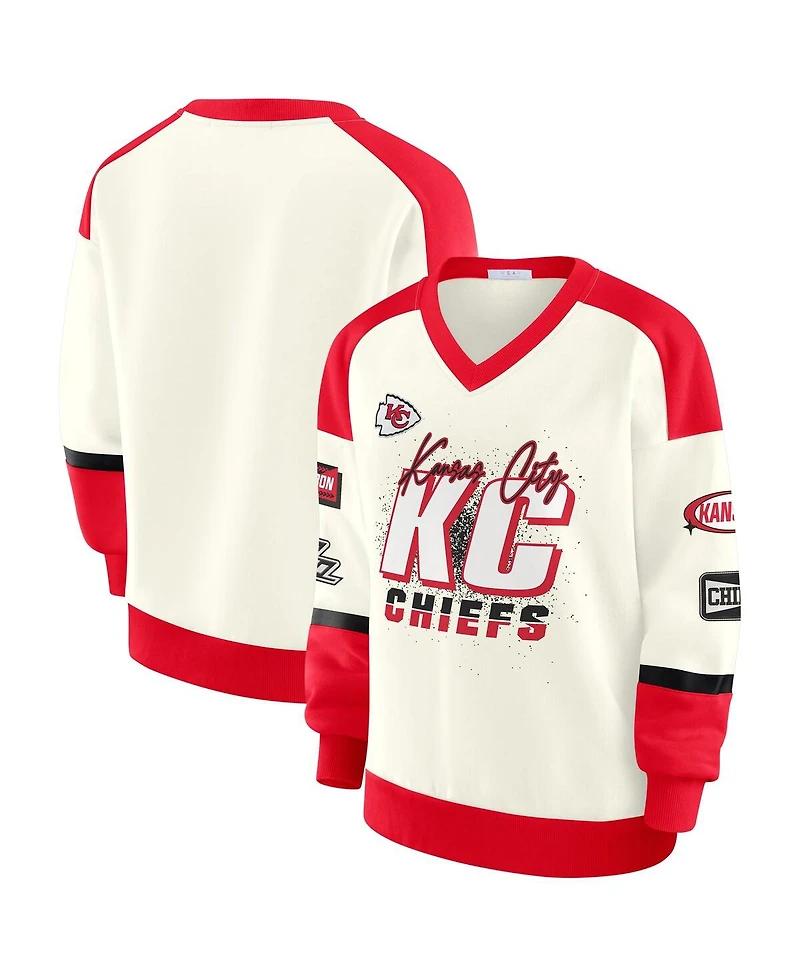 Wear by Erin Andrews Women's Cream Kansas City Chiefs Racing Crew V-Neck Sweatshirt