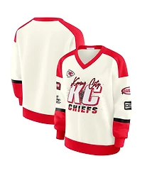 Wear by Erin Andrews Women's Cream Kansas City Chiefs Racing Crew V-Neck Sweatshirt