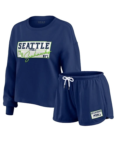 Wear by Erin Andrews Women's College Navy Seattle Seahawks Heavy Rugby Jersey Long Sleeve T-Shirt Shorts Lounge Set