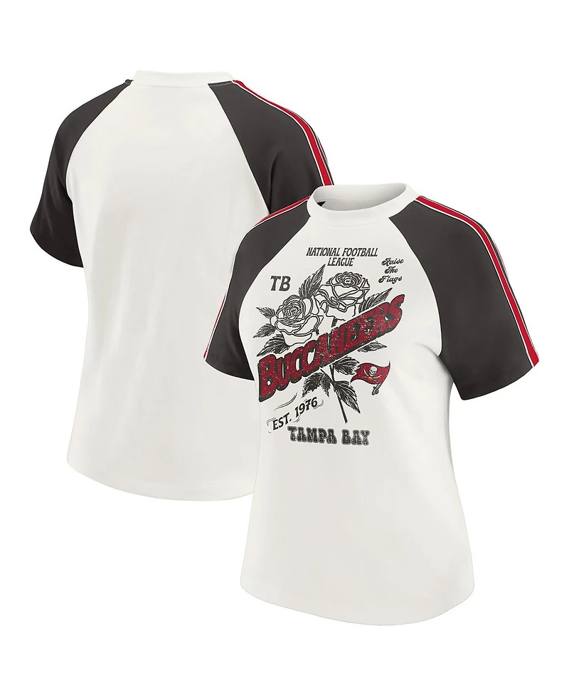 Wear by Erin Andrews Women's White Tampa Bay Buccaneers Sleeve Stripe Distressed Raglan T-Shirt