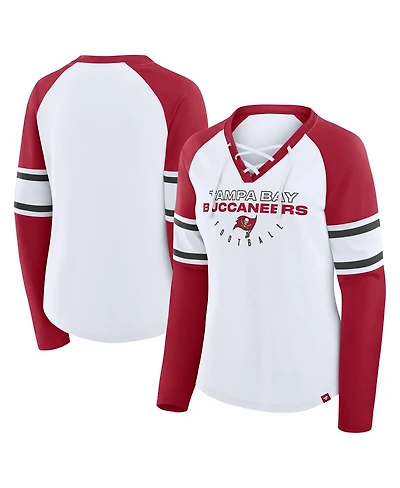 Fanatics Women's White/Red Tampa Bay Buccaneers Redzone Blitz Package Raglan Lace-Up V-Neck Long Sleeve T-Shirt