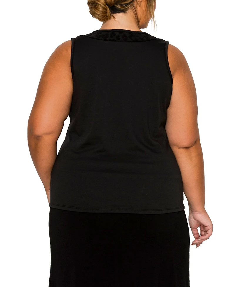 Coin 1804 Plus Cheetah Burnout Contrast Neck Inset Tank Top