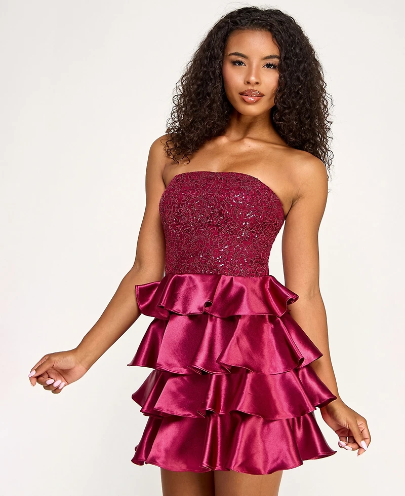 Seni & Cade Juniors' Strapless Satin Tiered Skirt Dress