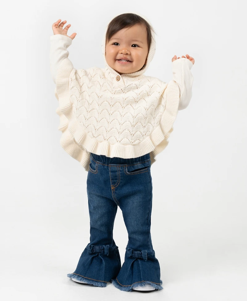 Rare Editions Baby Girls 3-Piece Hooded Poncho, Bodysuit and Denim Leggings Set