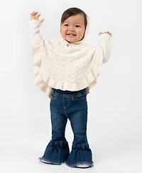 Rare Editions Baby Girls 3-Piece Hooded Poncho, Bodysuit and Denim Leggings Set