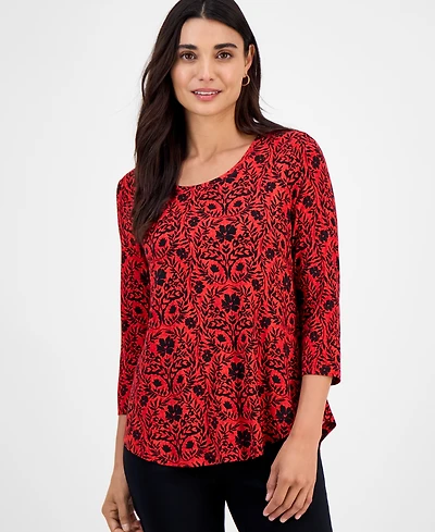 Jm Collection Petite Painted Foliage 3/4-Sleeve Top, Macy's Exclusive