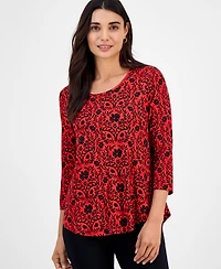 Jm Collection Petite Painted Foliage 3/4-Sleeve Top, Macy's Exclusive