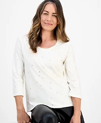 Jm Collection Petite Cotton Scoop-Neck Rhinestone 3/4-Sleeve Top, Macy's Exclusive
