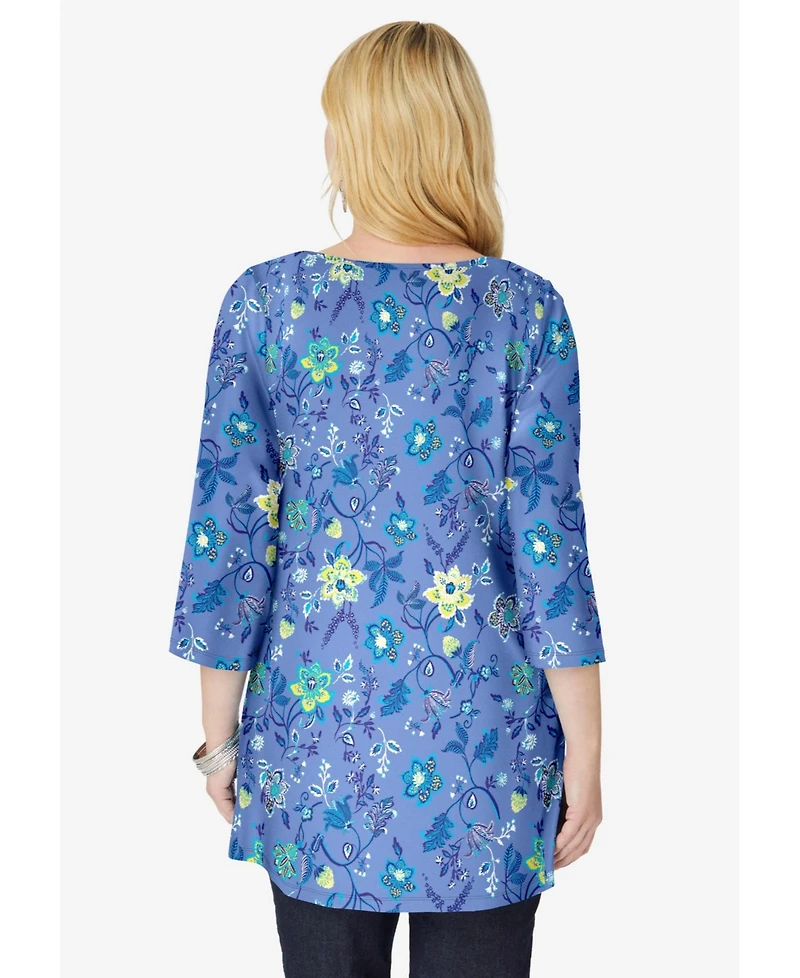Woman Within Women's Perfect Printed Three-Quarter-Sleeve V-Neck Tunic