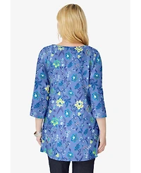 Woman Within Women's Perfect Printed Three-Quarter-Sleeve V-Neck Tunic