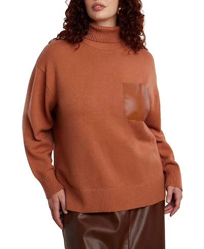 Eloquii Women's Plus Faux Leather Pocket Turtleneck Sweater