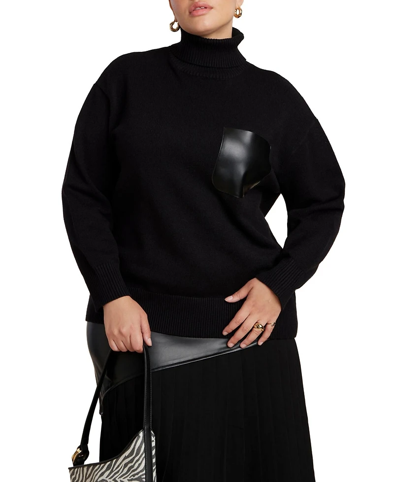 Eloquii Women's Plus Faux Leather Pocket Turtleneck Sweater