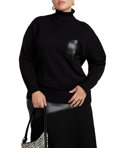 Eloquii Women's Plus Faux Leather Pocket Turtleneck Sweater