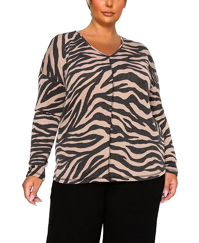 Coin 1804 Plus Size Textured Zebra V Neck Dolman Top
